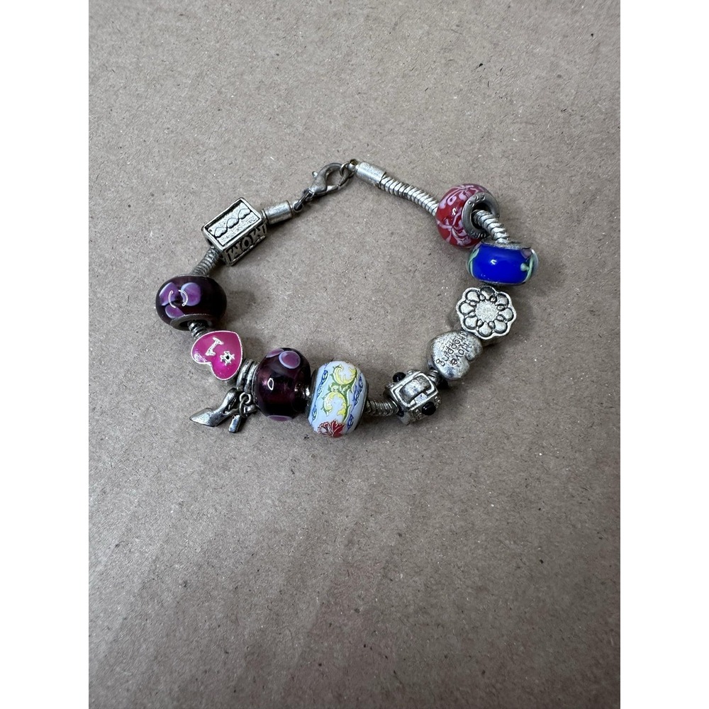 Pandora Charm Bracelet Glass Beads Sterling Silver 11 Charms Hearts 31.18g total